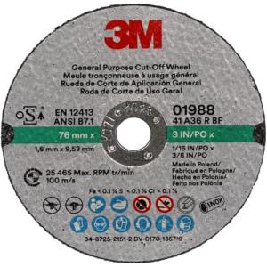 image3M General Purpose Cut Off Wheel 01988 3 in 116quot x 38quot Resin Bonded Wheel for Fast Cut Auto Body Sheet Metal Pack of 50 Wheels50 count Pack of 1